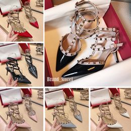 Designer womens high heels sandals Brand Metal Buckle 6cm 8cm Rivets dress shoes Thin Heel Pointed Toe Black Nude Red Wedding Shoes Size 34-42 with box