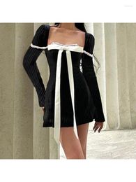 Casual Dresses 2024 Retro Elegant Bow Patchwork Long Sleeve Dress Square-neck Lace Stitch Bodycon Mini Evening Party Vestidos