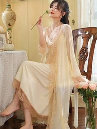 Home Clothing Long Sleeve Robe Nightdress Pajamas For Women Spring Chest Pad Spaghetti Strap Cotton Lace Mesh Vintage Princess Sleepwear