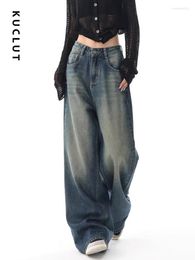 Women's Jeans KUCLUT Blue Women Streetwear High Waisted Button Denim Pants Vintage Casual Loose Trousers Full Length Wide Leg