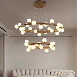 Nordic wooden chandelier ring personality Walnut wood milky white glass light Dining Room Bedroom restaurant Hanging Lamp