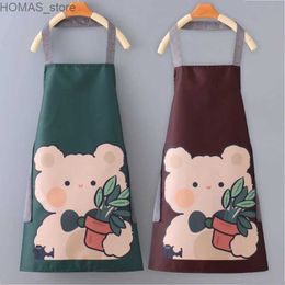 Aprons Household Kitchen Waterproof And Oil Proof Cute Cartoon Bear Wipable Apron Restaurant Milk Tea Shop Work Clothes Y240401