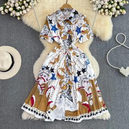 Party Dresses European And American Summer Premium Light Luxury Temperament Short Sleeve Star Lapel A-line Print Single Breasted Shirt Dress