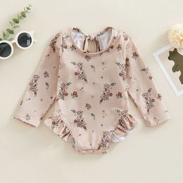 2023-02-21 Lioraitiin 0-4Years Kids Girl Swimsuits Floral Print Long Sleeve Ruffles Jumpsuit Swimwear Beachwear Bathing Suits