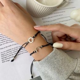 Charm Bracelets 2pcs Fashion Adjustable Braided Black Cord Stainless Steel Sun Moon Couples Friendship Bracelet Jewellery Gift