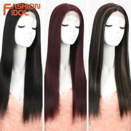 FASHION IDOL 26 Inch Straight Wig Synthetic Lace Front Wigs For Black Women Ombre 99J Cosplay Wig Heat Resistant Synthetic Wigs