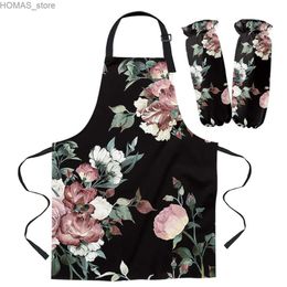 Aprons Black Modern Flower Art Apron Cuff Oven Mitts Woman Kid Bibs Home Cooking Baking Coffee Shop Cleaning Kitchen Accessories Y240401