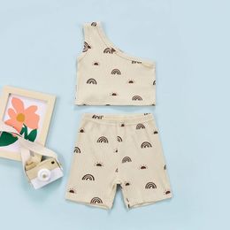 Clothing Sets Baby Girls 2Pcs Summer Casual Suit Toddler Outwear Cartoon Printed One Shoulder Tank Tops Short Pants 1-5 Years Clothes