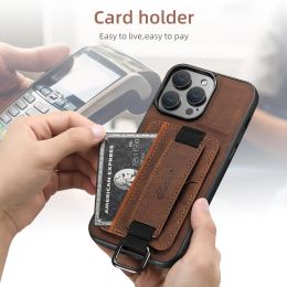 Luxury Leather Card Holder Phone Case For iPhone 13 12 14 15 Pro Max 15Plus 11 Xs Xr X Wrist Ring Shell Wallet Shockproof Cover