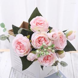 Decorative Flowers 9 Heads Artificial Peony Pink Silk Tea Rose DIY Fake Flower For Wedding Table Party Vase Outdoor Home Decor