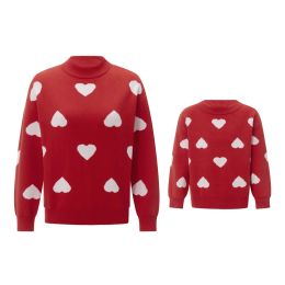 Mommy and Me Sweater Valentines Day Outfit for Women Girl Heart Print Round Neck Long Sleeve Knitted Top Family Matching Clothes