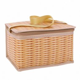 outdoor Wicker Rattan Picnic Bag Waterproof Tablee Cam Picnic Baskets Khaki Lunch Box Thermal Cooler Ctainer 66QS#