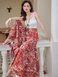 Women's Pants Retro Printed Loose Skirt Slim Fitting White Vest Paired With Wide Leg Travel Set