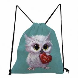 carto Owl Printed Drawstring Pocket Casual High Quality Women's Backpack Gym Travel Storage Bag Portable Shoe Bag to School d9Du#