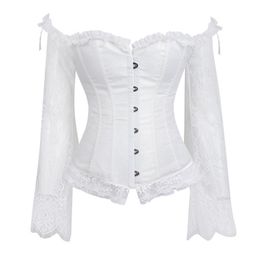 Corset Top Bustier with Long Sleeve Lace Satin Overbust Corselet Off Shoulder Renaissance Women Plus Size Sexy Costume Burlesque