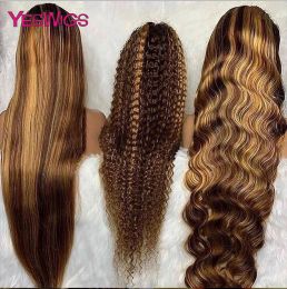 13x6 Highlight Wig Human Hair Brown Lace Front Wig Kinky Curly Human Hair Wigs For Women Deep Wave Transparent Lace Frontal Wig