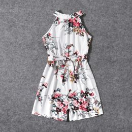 PatPat All Over Floral Print White Halter Neck Off Shoulder Belted Romper Shorts for Mom and Me