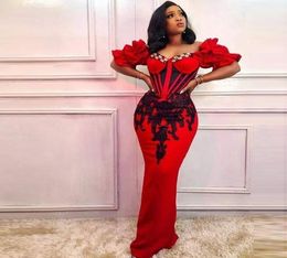 Red African Mermaid Prom Dresses With Short Sleeves Beads Lace Appliques Aso Ebi Evening Gowns Plus Size Women robe de soiree3840774