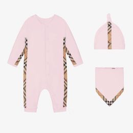 Cute Baby Boys Girls Plaid Rompers+hats+bibs 3pcs Set Spring Autumn Toddler Long Sleeve Jumpsuits Infant Onesies Kids Romper