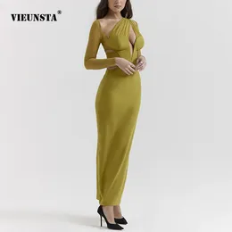 Casual Dresses Vestidos Sexy V-neck Slit Slim Fit Package Hip Lady Skirt Gauze Long Sleeve Hollow Out Solid Color 2024 Winter Women's Dress