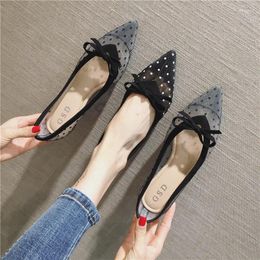 Casual Shoes Air Mesh Breathable Pointy Toe Shallow Single Woman Summer Transparent Lace Polka Dot Bowknot Loafers Comfy Moccasins Chic