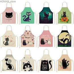 Aprons Cartoon Cat Printed Kitchen Apron Cotton Linen Sleeveless Man Women Chef Cooking Aprons Kitchen Accessories 68*55cm Delantales Y240401