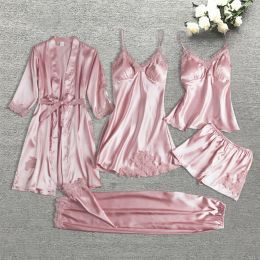 Pyjama Set Women Lace Trim Satin Sleepwear Pyjamas Femme Summer Nightwear With Pants Casual Home Wear Kimono Robe Gown PJS