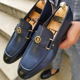 Dress Shoes Metal Buckle Blue Men Loafers Square Toe Slip-On Business Zapatos Hombre Vestir Size 38-48