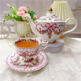 Prince Regent Retro Tea Pot Cup Saucer Set Rose Bow Coffee Coffeeware for Home Kitchen 240328