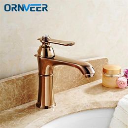 Bathroom Sink Faucets Deck Mounted Brass Single Level Basin Water Faucet Rose Golden Chrome Vanity