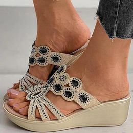 Dress Shoes Women Sandals Summer Fashion Wedge Thick-soled Crystal Casual High Heels Rhinestone Slippers Sandalias De Mujer