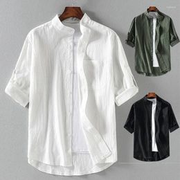 Men's Casual Shirts Spring Summer Stand Collar Five-point Mid-sleeve Fashionable Men Short-sleeved Shirt Seven-point Sleeve Large Size Male