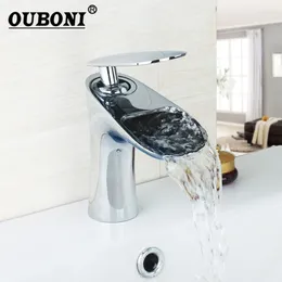 Bathroom Sink Faucets OUBONI Silver Deck Mounted Waterfall Wash Basin Faucet Mixer Taps Chrome Polished