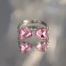 Cluster Rings Pink Zircon Bow Open Ring For Women Light Luxury Advanced Adjustable Index Finger Sweet Delicate Accessories Jewelry