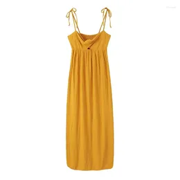 Casual Dresses Woman Yellow Linen Sling Long Dress 2024 Summer Female Bohemian Style Beach Ladies Solid High Waisted