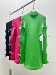 Casual Dresses 2024 Women's Fashion Long-sleeved Stand-up Collar Diamond Threaded Knitted Dress 0123