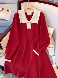 Casual Dresses French Style Red Sweater Dress Temperament Turn-down Collar Long Sleeve Bottoming Knitting Vestidos Plus Sized Female