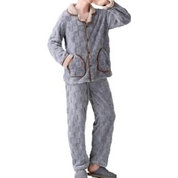 2 Pcs/Set Men Winter Loungewear Thick Plush Warm Cosy Lapel Coat Elastic Waist Coral Fleece Pants Set Pyjamas Homewear Clothes