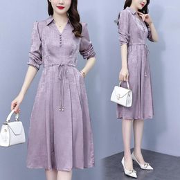 Casual Dresses Korean Fashion Pink V-neck Lace Up Dress For Women 2024 Spring/summer Long High-end Middle-aged Female Clothing