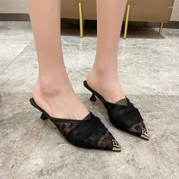 Slippers Mesh Pointed Toe Women Mules Shoes Sexy Dress Party Sandals 2024 Designer Summer Flip Flops Pumps Female Slides