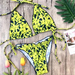 Women's Swimwear Yellow Print String Bikini Thong Ruched Triangle Swimsuit Y2K Strappy Bathing Suit Women Beach Outfit Micro Bikinis Set