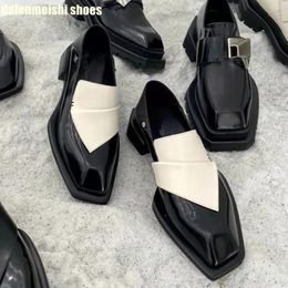 Casual Shoes Square Toe Black/white Mixed Colour Loafers For Women 2024 Summer Platform Leather Thick Heel Men/women Fashion
