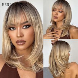 Wigs HENRY MARGU Short Straight Synthetic Wigs Brown to Blonde Ombre Bob Wigs with Bangs Ladies Cosplay Party Heatresistant Wig