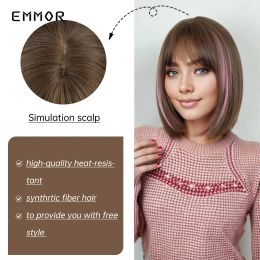 Emmor Short Straight Synthetic Wigs for Women Ombre Brown to Pink Bob Wigs with Bangs Daily Cosplay Party Heat Resistant Hair