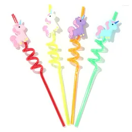 Disposable Cups Straws H7EA 4pcs Reusable Drinking Birthday Party Decorations Colorful Cartoon Unicorns Straw Curved Plastic For Kid