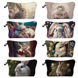 toiletry Kit Female Foldable Beach Travel Cosmetic Bag Customizable Women's Makeup Bag Printed Cute Animal Rabbit Eco Reusable i85c#