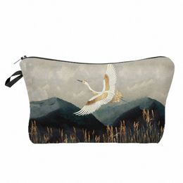 crane Print Makeup Bag Japanese Ukiyoe Design Women's Bag Landscape Cosmetic Bags Hot Sale Pencil Cases High Quality Storage Bag X56w#