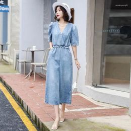 Party Dresses Elegant Vintage Women Summer Mid Calf Long Denim Dress Fashion Casual Short Puff Sleeve Lace Up Waist V Neck Office Ladies