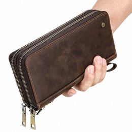 orange Leaf Genuine Leather Men's Wallet Clutch Bag Card Holder Lg Wallets Double Zipper Large Capacity Vintage Male Purses 475c#