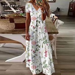 Party Dresses Summer Holiday Maxi For Women Elegant V Neck Short Sleeve Lace Patchwork Flower Print Dress Boho